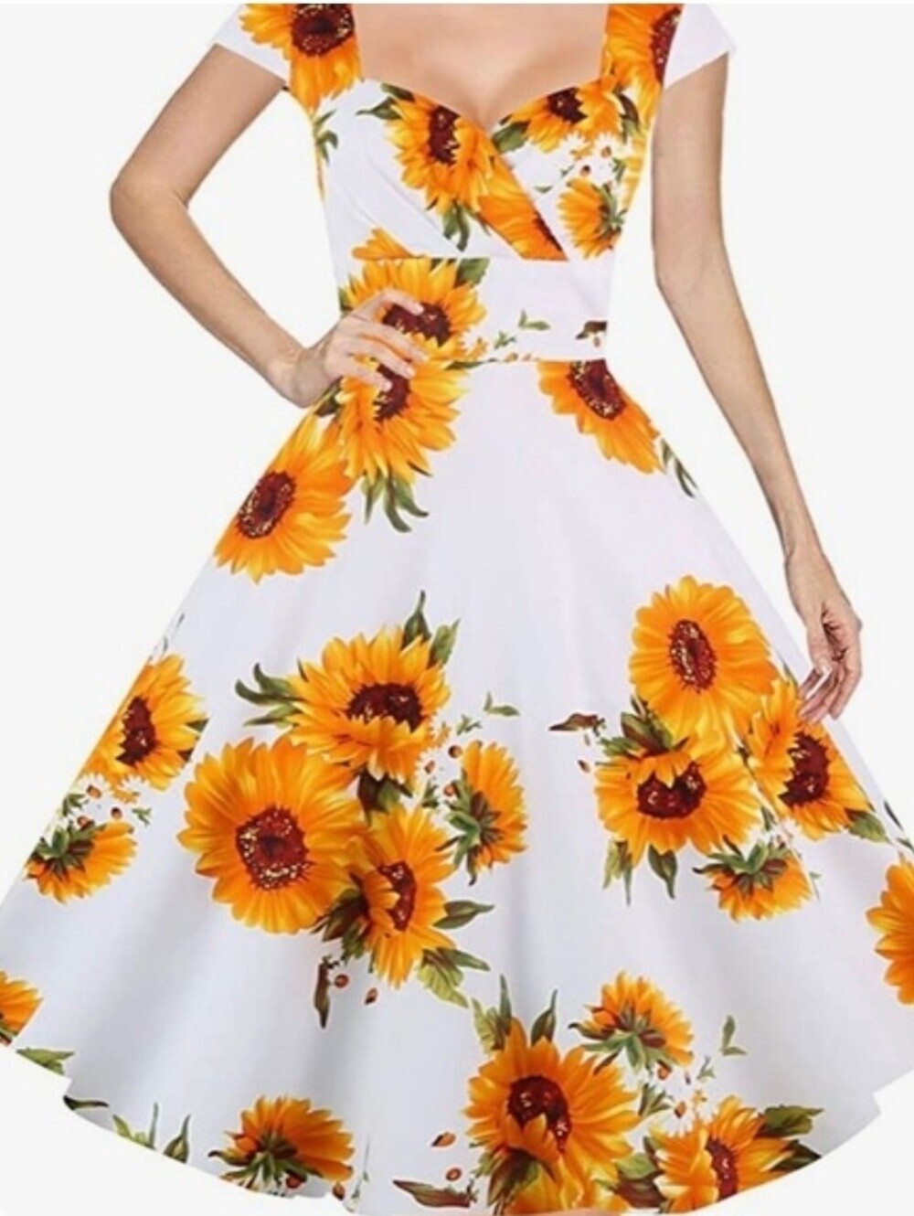Retro Sunflower Print Fit & Flare Dress 2x